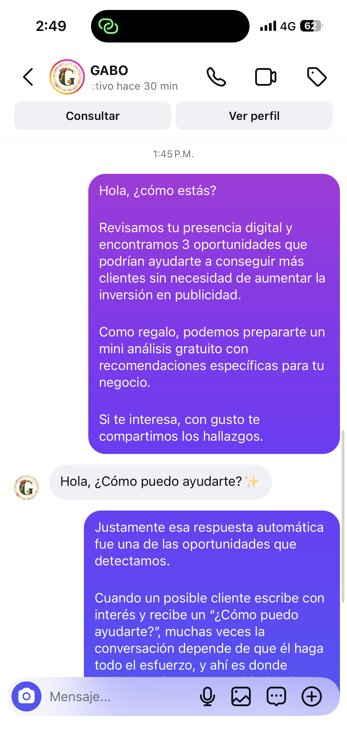 Conversación donde GABO responde con un mensaje automático genérico