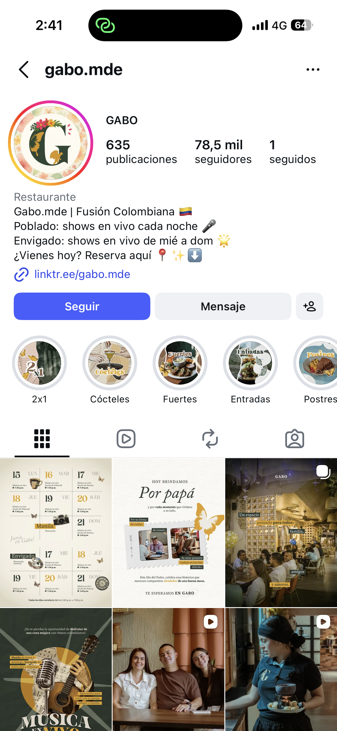Perfil de Instagram de GABO con comunidad activa